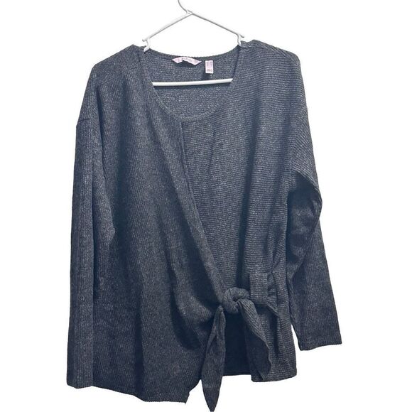 AnyBody Brushed Rib Tie Front Shirt Grey Sz M Pull On - Picture 1 of 5